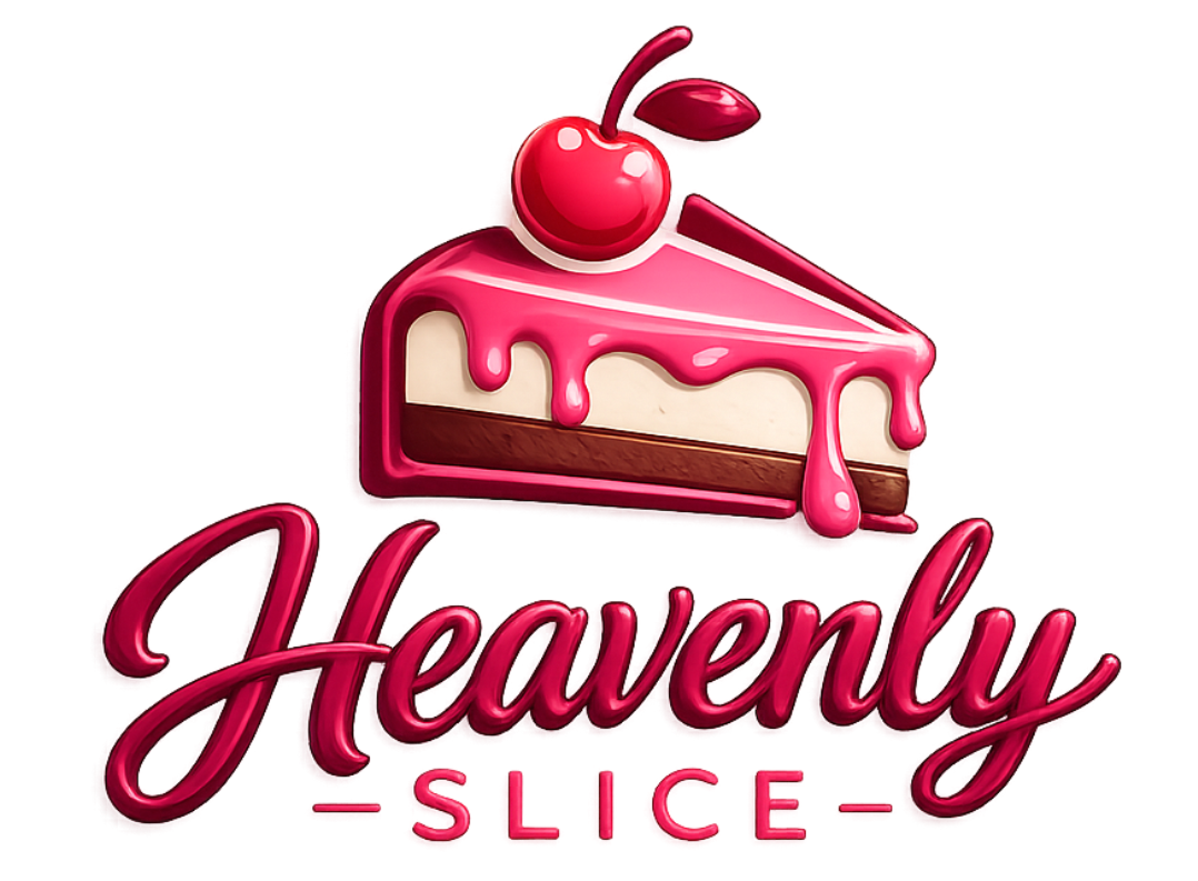 Heavenly Slice dessert logo with cherry cheesecake slice and pink dripping glaze